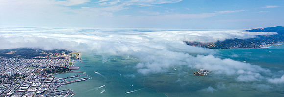 06242017 aerial panoramic - Fog coming through Golden Gate